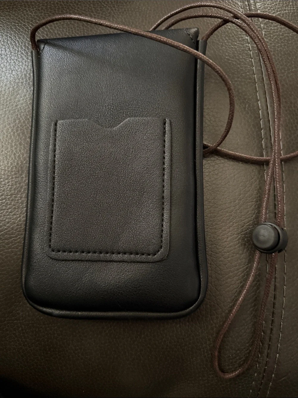 Black Leather Crossbody Phone Pouch with Brass Snap 7 length 4 1/2 wide